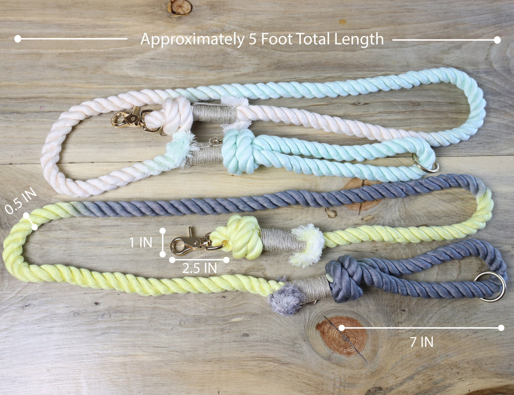 Picture of 2 handmade cotton rope dog leashes in mint green & pink and buttery yellow & gray colors with gold hardware, showing approximately 5-foot total length and other detailed measurements of hardware and rope dog leash thickness.